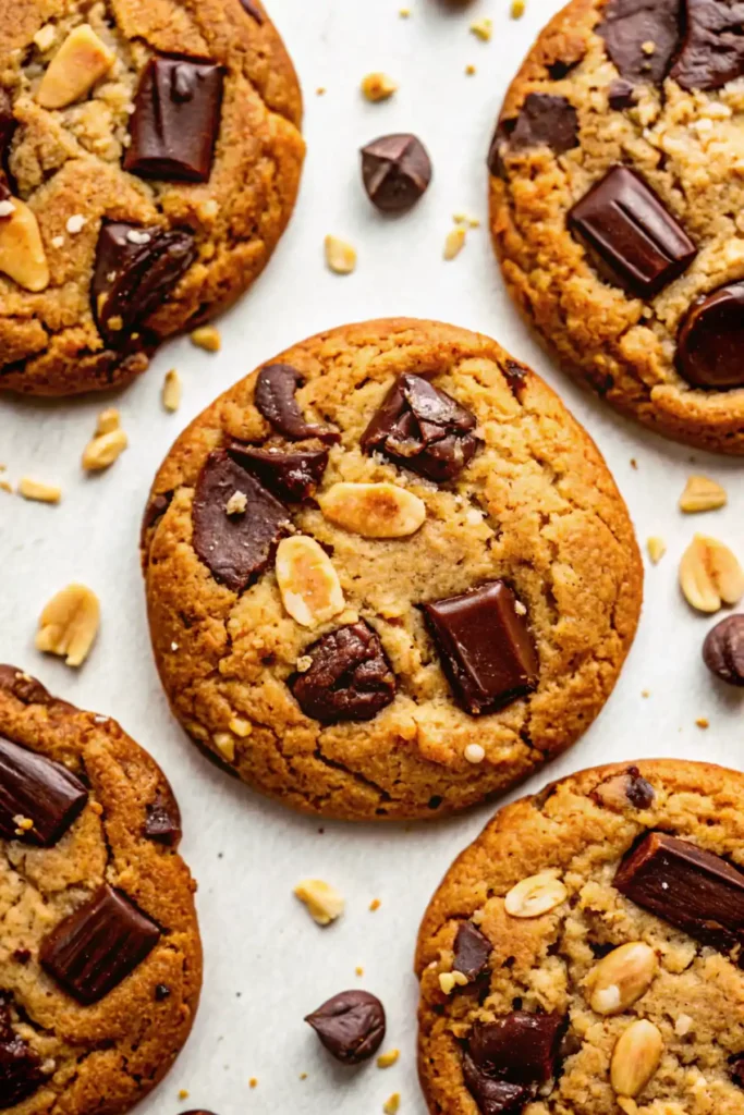 Vegan peanut butter cookies with chocolate chunks and chopped peanuts