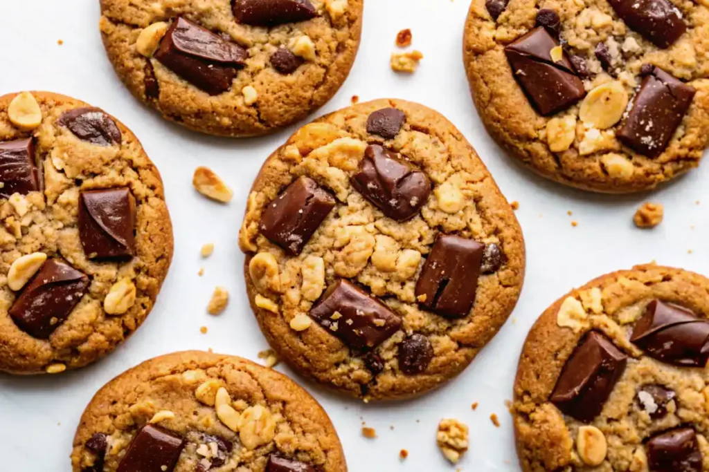 Close-up of vegan peanut butter cookies topped with chocolate chunks and peanuts